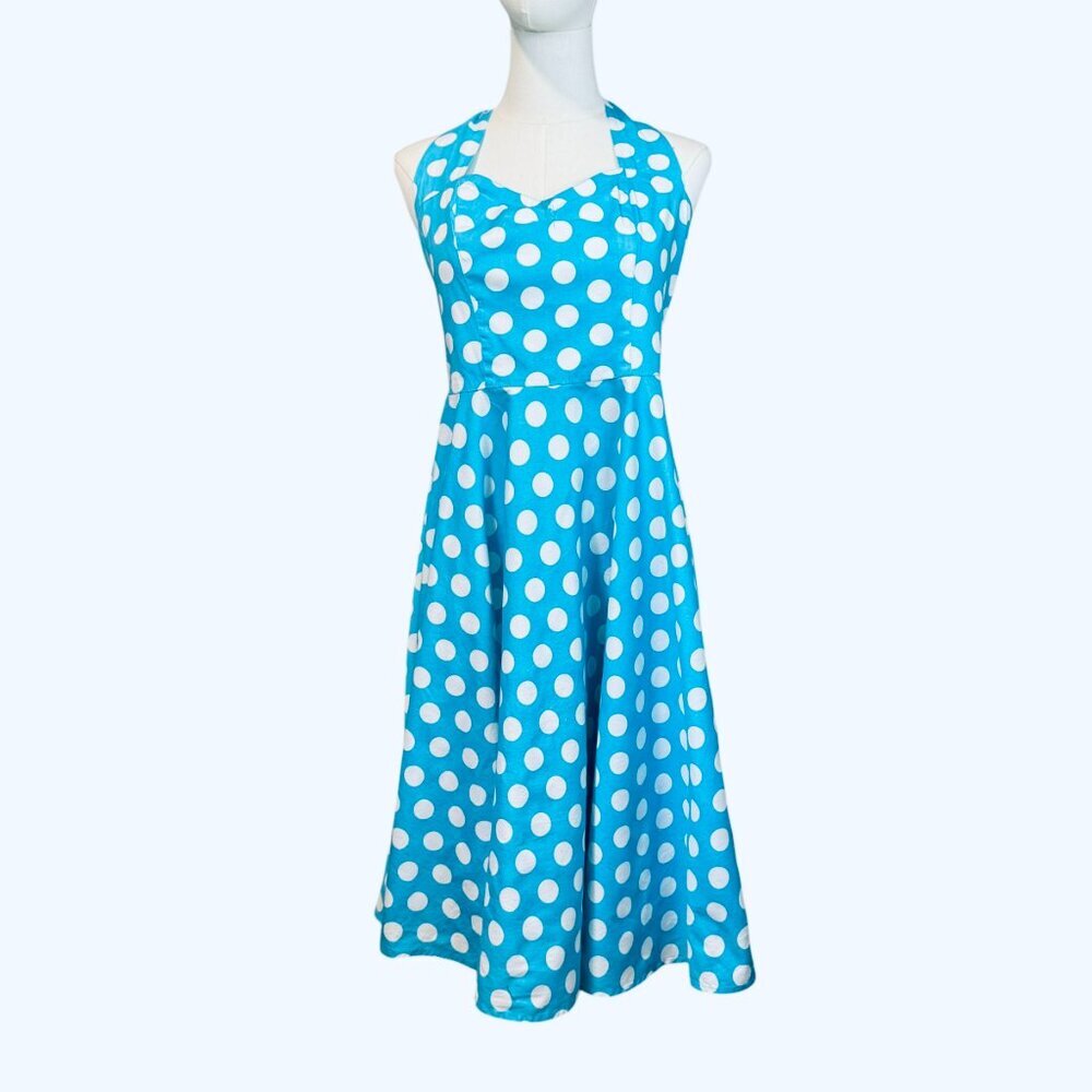Hell Bunny Vixen Vintage style polka dot aqua swing dress.  Halter Neck Size: M